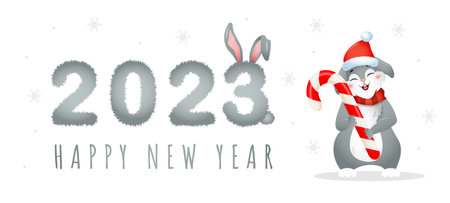 2023 year of rabbit. Large numbers with christmas bunny in santa hat. Chinese New Year symbol....