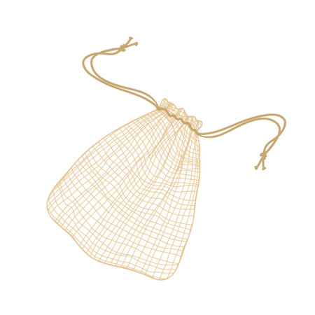 Mesh eco bag isolated on white background. Natural and biodegradable material pouch. Vector illustration in flat cartoon style. Eco friendly product. Zero waste concept. No plasticのイラスト素材