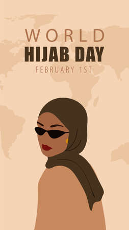 World hijab day stories template. Abstract muslim woman in abaya. Faceless female portrait. Vector illustration in flat cartoon styleのイラスト素材
