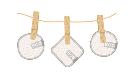 Reusable cotton pads dried on rope after washing. Organic makeup remover wipe. Eco friendly products for skin care. Zero waste concept. Save the planet. Vector illustration in flat cartoon styleのイラスト素材