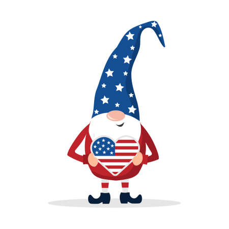 Patriotic american gnome. Cute scandinavian dwarf with heart. Elf celebrate Independence day in the United States. Happy 4th of july. Vector illustration in flat cartoon style. National freedom dayのイラスト素材