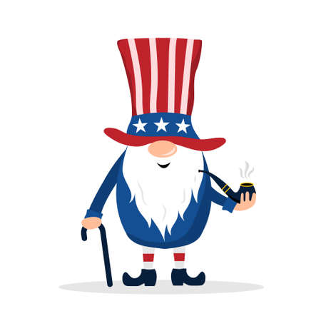 Patriotic american gnome. Cute scandinavian dwarf with cane. Elf celebrate Independence day in the United States. Happy 4th of july. Vector illustration in flat cartoon style. National freedom dayのイラスト素材