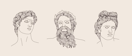 Ancient greek sculpture. Set of linear gods antique statues. Trendy vector illustration in one line drawing style. Hand drawn outline male silhouettesのイラスト素材