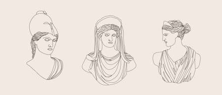 Ancient greek sculpture. Set of linear goddesses antique statues. Trendy vector illustration in one line drawing style. Hand drawn outline female silhouettesのイラスト素材