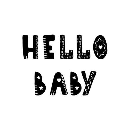 Hello baby lettering. Hand drawn scandinavian phrase and inspiration quote. Hygge children poster. Vector illustration in flat cartoon style. Great for card, invitation, textileのイラスト素材