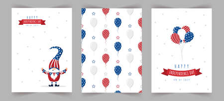 Set of Independence day celebration greeting cards. Patriotic american gnome. National freedom day. Vector illustration in cartoon style. Cute holiday backgrounds with festive 4 of july elementsのイラスト素材