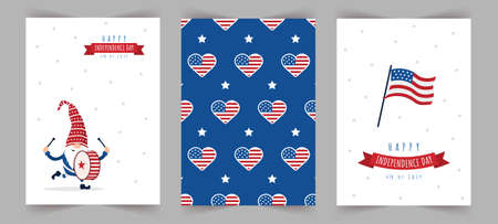 Set of Independence day celebration greeting cards. Patriotic american gnome. National freedom day. Vector illustration in cartoon style. Cute holiday backgrounds with festive 4 of july elementsのイラスト素材