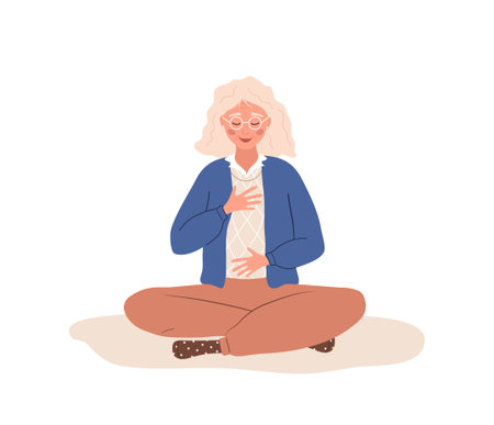 Abdominal breathing. Elderly woman practicing belly breathing for relaxation. Breath awareness yoga exercise. Meditation for body, mind and emotions. Spiritual practice. Cartoon vector illustrationのイラスト素材