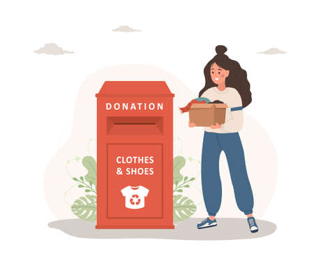 Clothes donation. Woman with cardboard box gives things for recycling or donated. Clothing bin or recycle container. Volunteering and social care concept. Vector illustration in cartoon styleのイラスト素材
