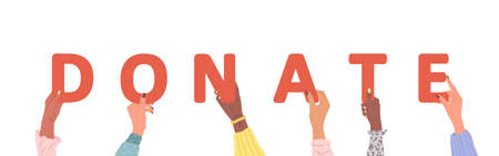 Donation and charity concept. Female hands holding red word Donate. Support for homeless and poor...