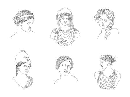 Ancient greek sculpture. Set of linear goddesses antique statues. Trendy vector illustration in one line drawing style. Hand drawn outline female silhouettesのイラスト素材