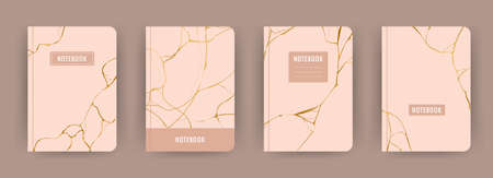 Cover page notebook collection. Templates with kintsugi effect on pink background. Perfect for diary, books, magazines, journals, catalogs, planners and flyers. Vector layoutsのイラスト素材