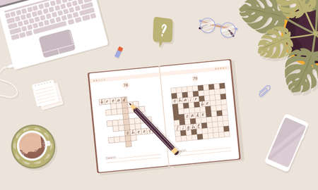 Crossword puzzle. Learning and leisure concept. Top view workplace. Task for development of logical thinking and training brain. Vector illustration in flat cartoon styleのイラスト素材