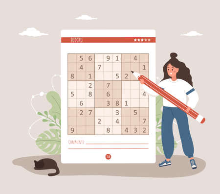 Sudoku game. Woman with giant pencil solves crossword puzzle. Learning and leisure concept. Task for development of logical thinking and training brain. Vector illustration in flat cartoon styleのイラスト素材