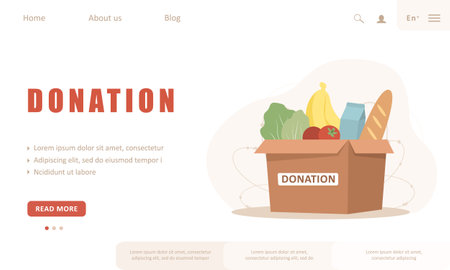 Food donation landing page template. Cardboard box full of different products. Volunteering and social care concept. Support for poor people. Vector illustration in flat cartoon styleのイラスト素材