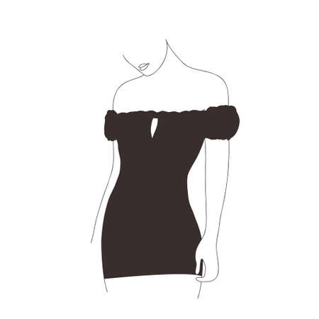 Abstract female body. Modern linear woman figure. Elegant girl in black dress. Vector outline illustration in minimalistic style. Design for  print, card, posterのイラスト素材