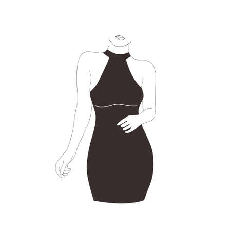 Abstract female body silhouette. Contemporary minimalist woman figure in linear style. Elegant girl in black dress. Vector outline illustration for   print, card, posterのイラスト素材