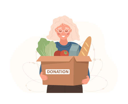 Food donation. Elderly woman holding in hands cardboard box full of different products. Volunteering and social care concept. Support for poor people. Vector illustration in flat cartoon styleのイラスト素材