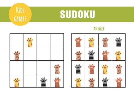 Sudoku for kids. Children activity sheet. Puzzle game with cat paws. Education and leisure concept. Vector illustration in flat cartoon styleのイラスト素材