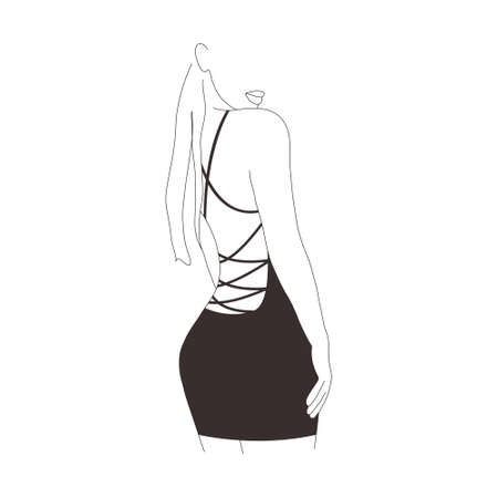 Abstract female body. Modern linear woman figure. Elegant girl in black dress. Vector outline illustration in minimalistic style.のイラスト素材