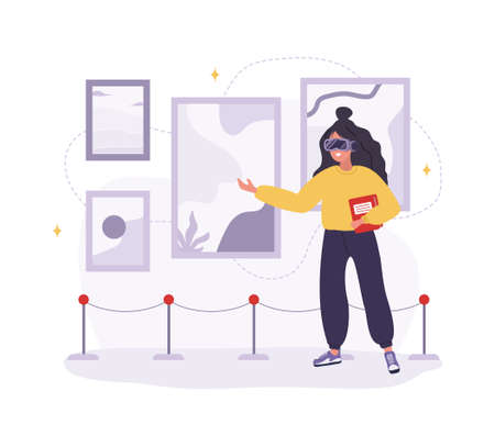 Metaverse and Cyberspace. Woman in VR glasses in museum. NFT art gallery. Virtual vacation or travel concept. Modern technology entertainment. Vector illustration in flat cartoon styleのイラスト素材