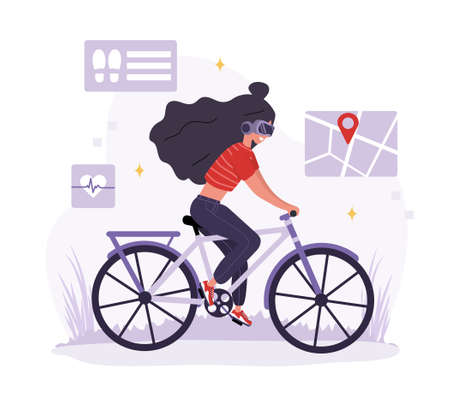 Metaverse sport. Woman in VR glasses riding bike. Workout and fitness. Cyberspace or Virtual reality concept. Modern technology entertainment. Vector illustration in flat cartoon styleのイラスト素材