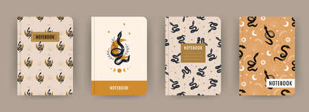 Cover page notebook collection. Templates with boho snakes. Perfect for diary, books, magazines, journals, catalogs, planners and flyers. Vector layoutsのイラスト素材