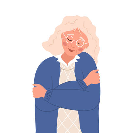 Love yourself. Self care. Mental health concept. Happy elderly woman hugging herself. Smiling aged lady enjoys her freedom. Vector illustration in flat cartoon styleのイラスト素材