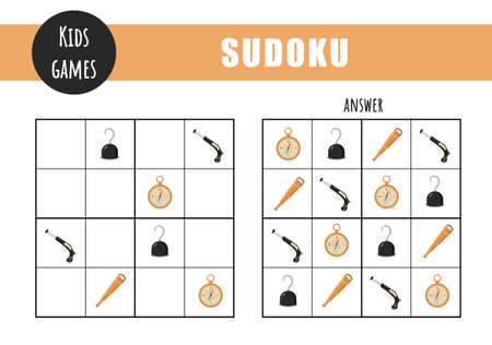 Sudoku for kids. Children activity sheet. Puzzle game with pirate items. Education and leisure concept. Vector illustration in flat cartoon styleのイラスト素材