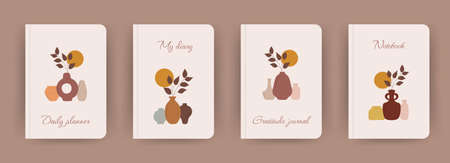 Cover page notebook collection. Templates with abstract vases in boho style. Perfect for diary, books, magazines, journals, catalogs, planners and flyers. Vector layoutsのイラスト素材