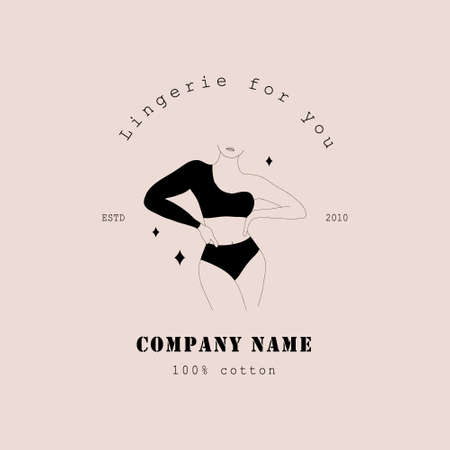 Logo design for lingerie shop. Logotype of female underwear. Contemporary minimalist woman figure in linear style. Modern vector hand drawn illustrationのイラスト素材