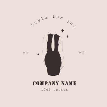 Logo design for fashion boutique. Logotype of female dresses. Contemporary minimalist woman figure in linear style. Modern vector hand drawn illustrationのイラスト素材