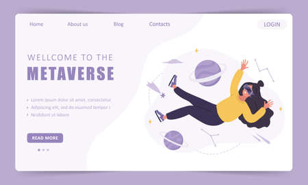 Metaverse landing page template. Woman wearing VR glasses floating in outer space. Modern technological entertainment. Vector illustration in flat cartoon style. Virtual reality conceptのイラスト素材