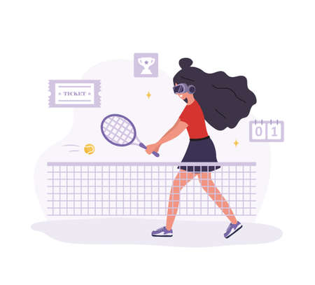Metaverse sport. Woman in VR glasses playing tennis with racquet. Workout and fitness. Cyberspace or Virtual reality concept. Modern technology for health. Vector illustration in flat cartoon styleのイラスト素材