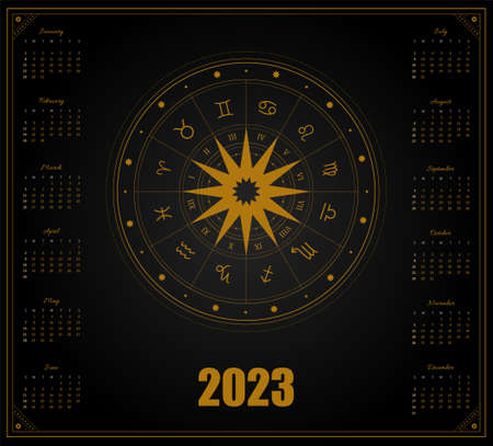 Magic calendar 2023 with zodiac signs. Week starting on sunday. Vector template ready to print....