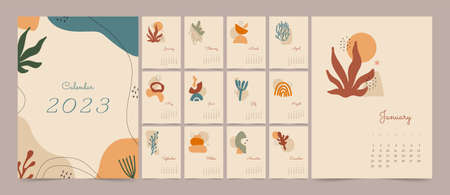 Calendar 2023 with abstract shapes. Week starting on sunday. Minimalist wall picture design. Vector template. Set of 12 calendar pages ready to print. Pastel backgroundのイラスト素材