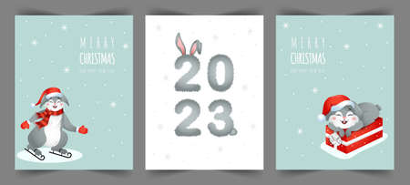 Set of Christmas cards. Rabbits celebrate holidays. Greeting postcards with cute hares. Happy New Year 2023 posters. Vector templates for cover or invitation to the nativity festivalのイラスト素材