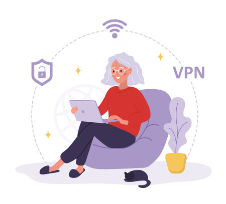VPN service. Elderly woman using private network for protect personal data. Protection of DNS and IP addresses. Database security software. Vector illustration in flat cartoon styleのイラスト素材