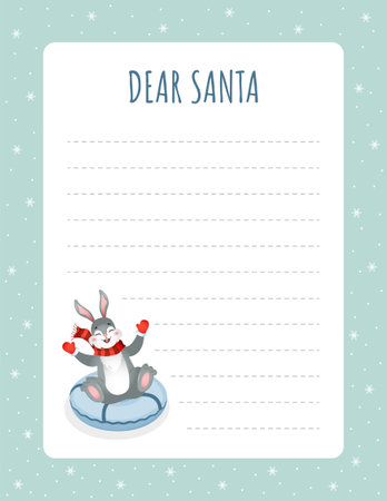 Template for letter to Santa Claus. Christmas layout with cute bunny for wish lists, greeting cards and invitations. Ornate postcard for winter holidays. Vector illustration in flat cartoon styleのイラスト素材