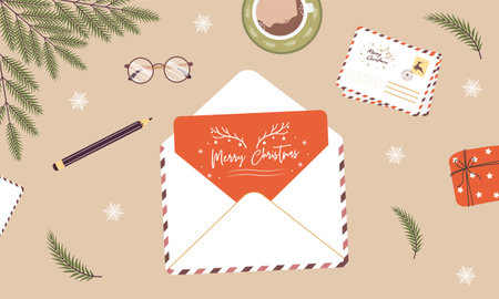 Christmas envelope on desk. Handmade greeting card. Sending or receiving New Year postcard or invitation. Top view. Vector illustration in flat cartoon style. Winter holiday wishesのイラスト素材