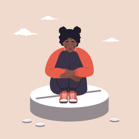 Menstrual pain. Drugs to relieve PMS symptoms. Sad african woman with abdominal cramps sitting on large pill. Female critical day problems. Vector illustration in flat cartoon styleのイラスト素材