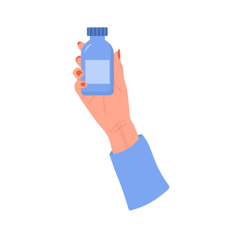 Female hand holding pills bottle. Healthcare concept. Woman drinks antidepressants. Vector illustration in flat cartoon style. Medication and pharmaceutical drugのイラスト素材