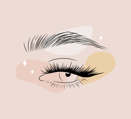 Vector logotype design for eyelashes extension studio. Hand drawn female eyes. Modern design for beauty salon. Linear icon isolated on beige backgroundのイラスト素材