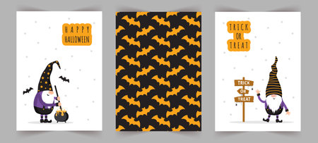 Set of Halloween greeting cards. Cute scandinavian gnomes. Spooky night party invitation, poster or flyer. Vector illustration in cartoon style. Holiday backgrounds with scary festive elementsのイラスト素材