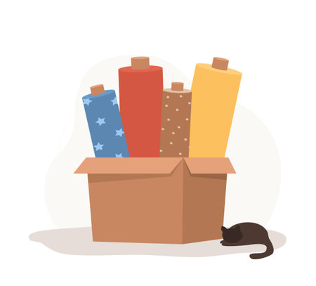 Fabric rolls in cardboard box. Sewing workshop or textile store concept. Seamstress accessories for handmade clothing. Vector illustration in flat cartoon styleのイラスト素材
