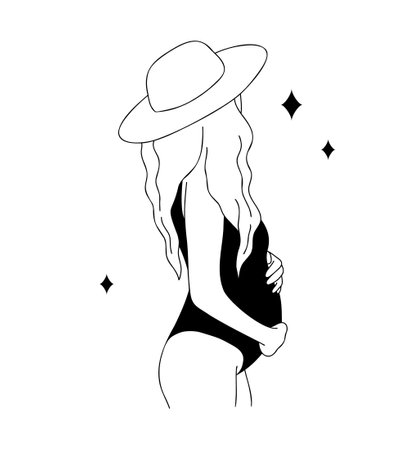 Linear pregnant woman. Abstract female silhouette. Prenatal period. Happy pregnancy and motherhood. Vector outline illustration in minimalistic styleのイラスト素材