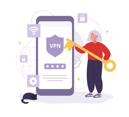 VPN Technology. Elderly woman using software for protect personal data. Virtual private network connection. Internet service provider. Secure web traffic. Vector illustration in flat cartoon styleのイラスト素材
