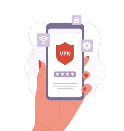 VPN connection. Female hand holding phone with virtual private network app. Password security. Vector illustration in flat cartoon style. Secure web trafficのイラスト素材