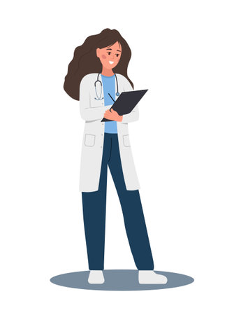 Female doctor writing medical prescription. Woman in uniform holding clipboard with recipe for patient. Healthcare, treatment and pharmacy concept. Vector illustration in flat cartoon styleのイラスト素材