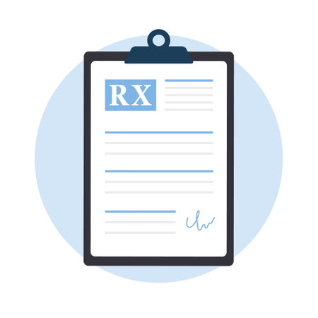 Medical prescription pad. Recipe for pills on clipboard. Healthcare document icon. Pharmacy control. Vector illustration in flat cartoon styleのイラスト素材